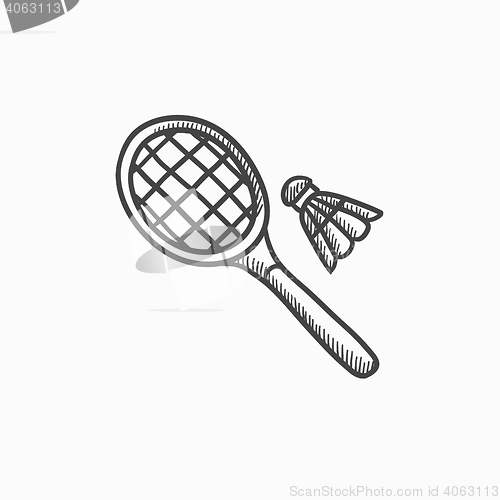 Image of Shuttlecock and badminton racket sketch icon.