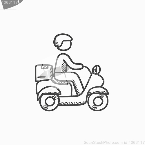 Image of Man carrying goods on bike sketch icon.