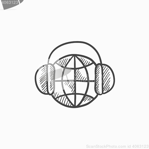 Image of Globe in headphones sketch icon.