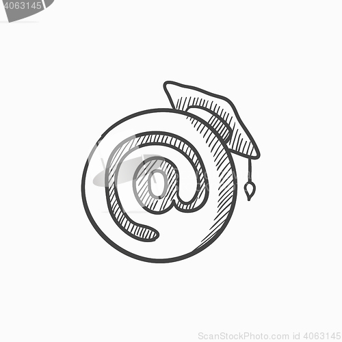 Image of Graduation cap with at sign sketch icon.
