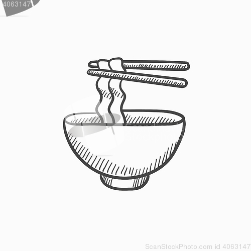 Image of Bowl of noodles with pair chopsticks sketch icon.