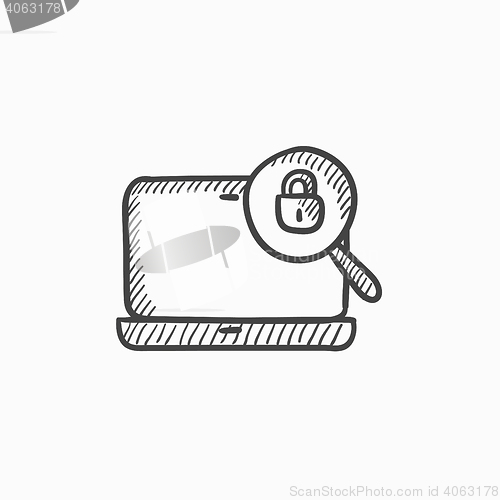 Image of Laptop and magnifying glass sketch icon.