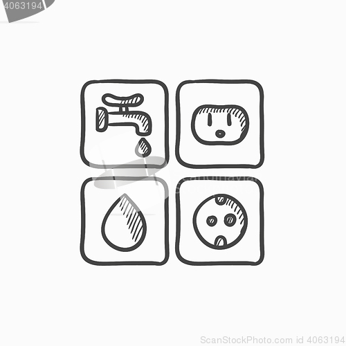 Image of Utilities signs electricity and water sketch icon.