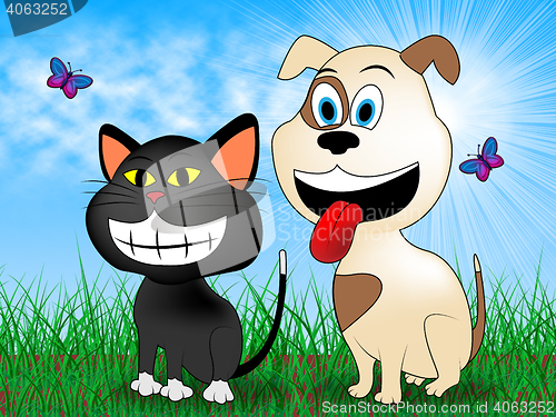 Image of Cat With Dog Indicates Pet Grassy And Pets