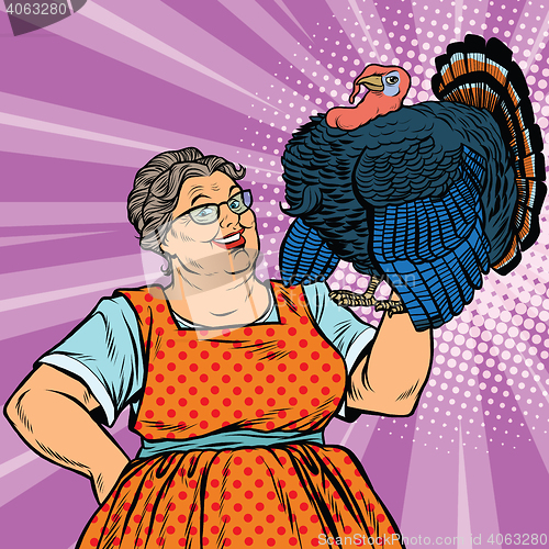 Image of Holiday grandma with a live Turkey