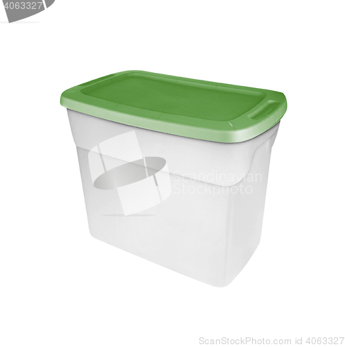 Image of Empty food plastic container with green lid 