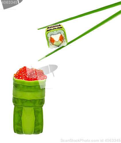 Image of Sushi roll with chopsticks