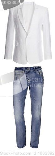 Image of Blue jeans with white jacket