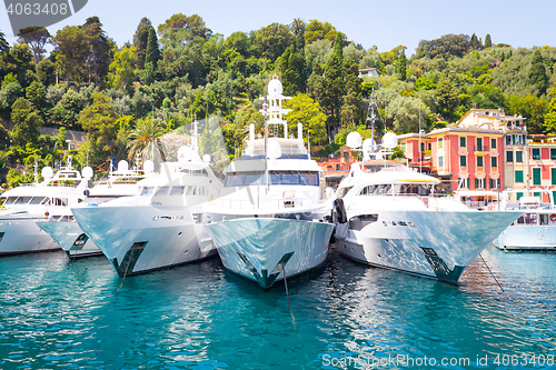 Image of Portofino, Italy - Summer 2016 - Three luxury Yacht