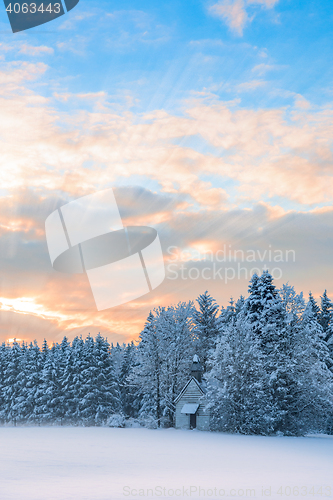 Image of Vertical scenery frozen forest with snow-covered tiny wooden chu