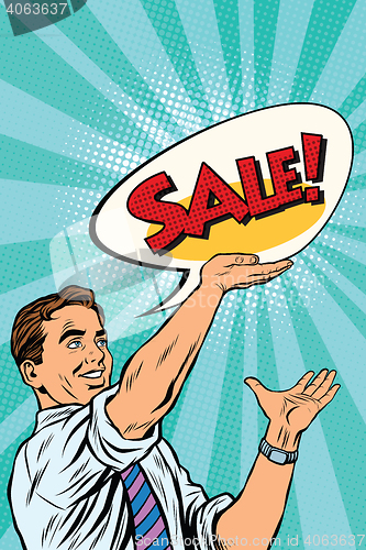 Image of Pop art retro man announcing sales