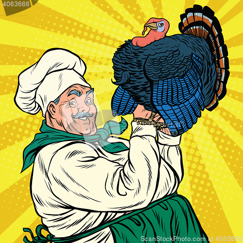 Image of Retro chef with a live Turkey, thanksgiving