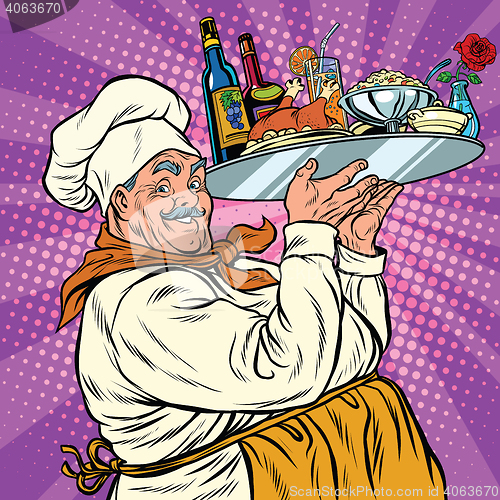 Image of Retro chef with dinner on a tray