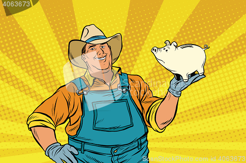 Image of Rural retro farmer with a pig-piggy Bank