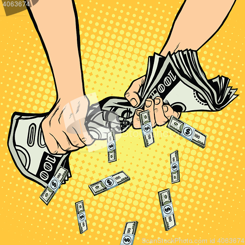 Image of Financial profit, hands squeeze out of the money dollars