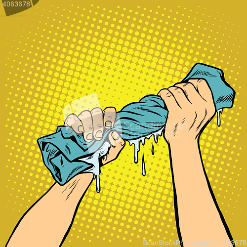 Image of retro hands squeezed the wash cloth