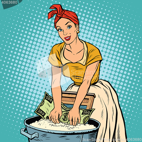 Image of money laundering business concept, retro woman washes the dollar