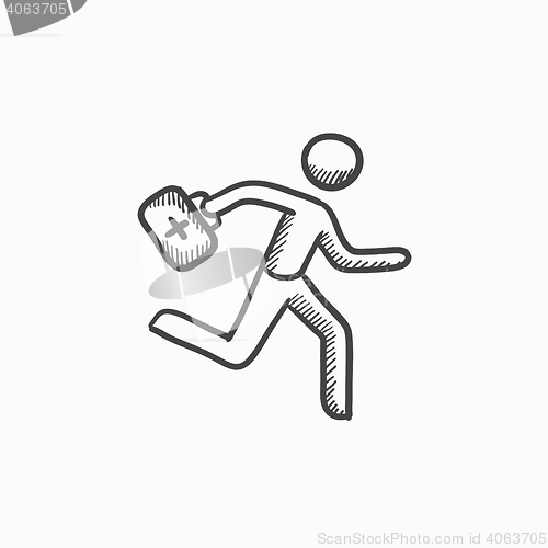 Image of Paramedic running with first aid kit sketch icon.