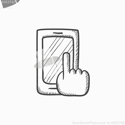 Image of Finger pointing at smart phone sketch icon.