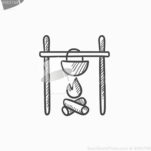 Image of Cooking in cauldron on campfire sketch icon.