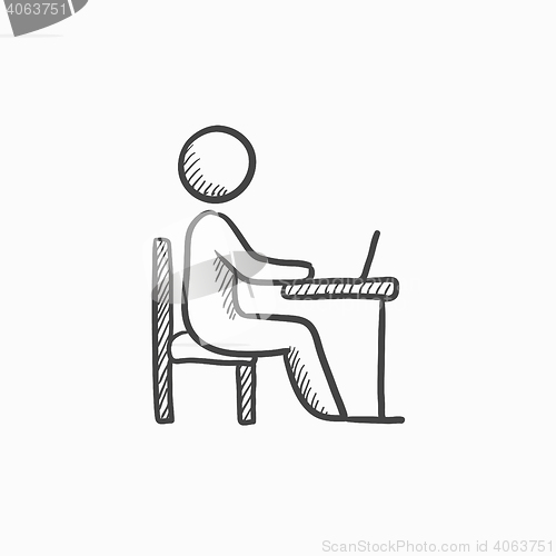 Image of Student working on laptop sketch icon.