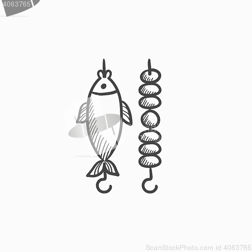 Image of Shish kebab and grilled fish sketch icon.