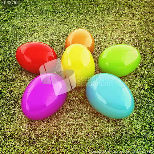 Image of Colored Easter eggs as a flower on a green grass. 3D illustratio