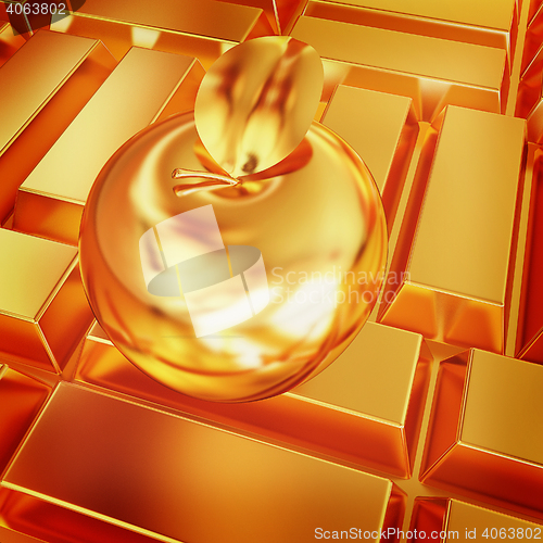 Image of golden apple on the gold bars background. 3D illustration. Vinta