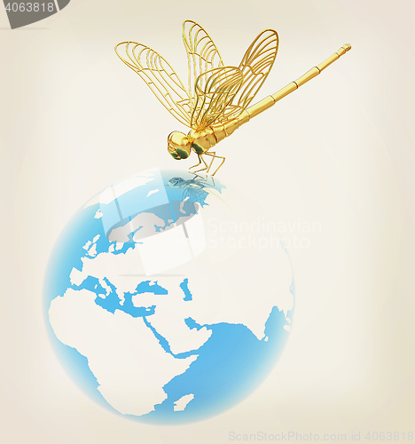 Image of Dragonfly on earth. 3D illustration. Vintage style.