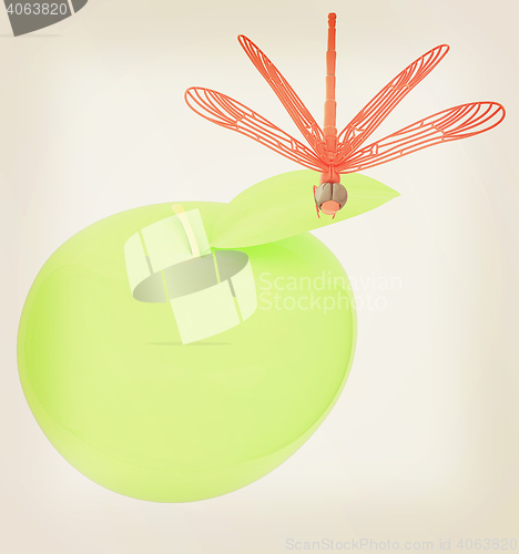 Image of Dragonfly on apple. 3D illustration. Vintage style.