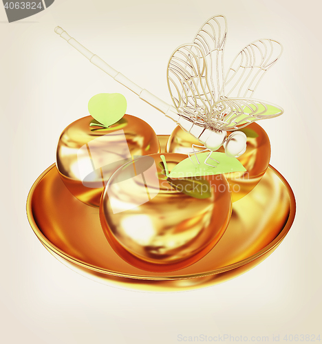 Image of Dragonfly on gold apples. 3D illustration. Vintage style.