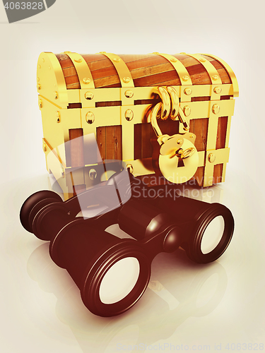 Image of binoculars and chest. 3D illustration. Vintage style.