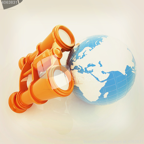 Image of binocular around earth. 3D illustration. Vintage style.