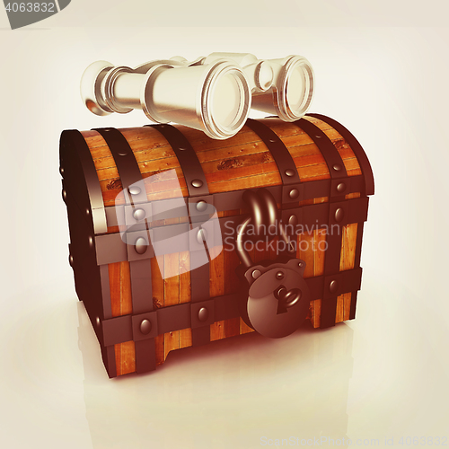 Image of binoculars and chest. 3D illustration. Vintage style.