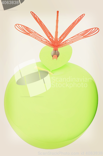 Image of Dragonfly on apple. 3D illustration. Vintage style.