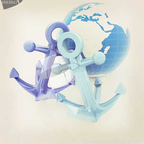Image of anchors and Earth. 3D illustration. Vintage style.