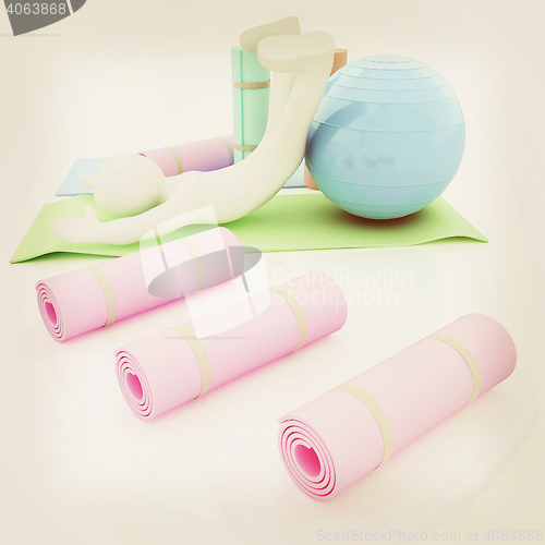 Image of 3d man on a karemat with fitness ball. 3D illustration. 3D illus
