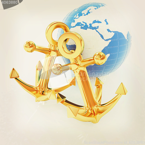 Image of Gold anchors and Earth. 3D illustration. Vintage style.