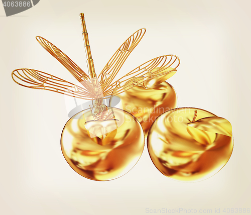 Image of Dragonfly on gold apples. 3D illustration. Vintage style.
