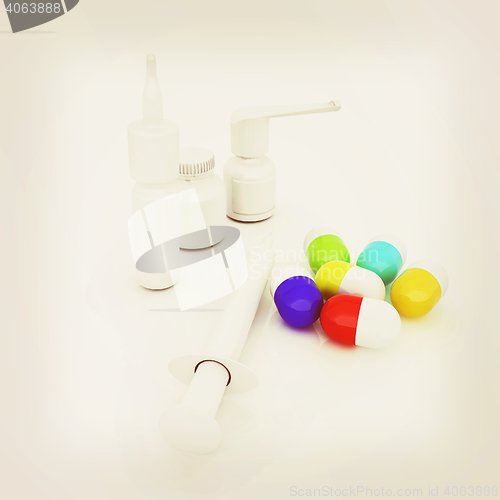 Image of Syringe, tablet, pill jar. 3D illustration. 3D illustration. Vin