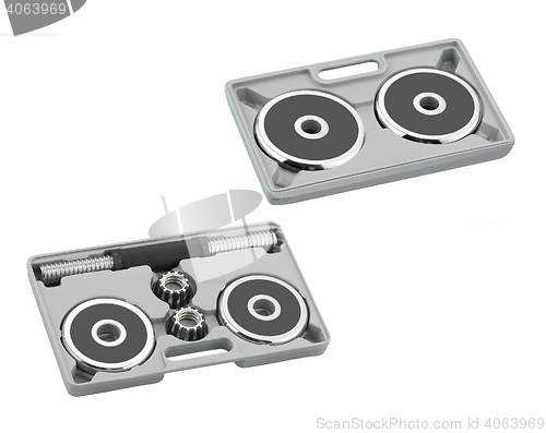 Image of dumbbells in a grey case