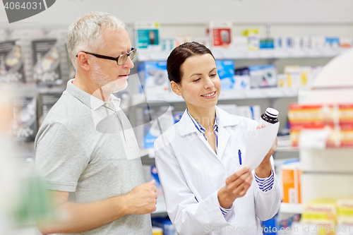 Image of pharmacist and senior man buying drug at pharmacy