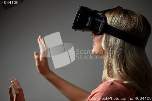 Image of woman in virtual reality headset or 3d glasses