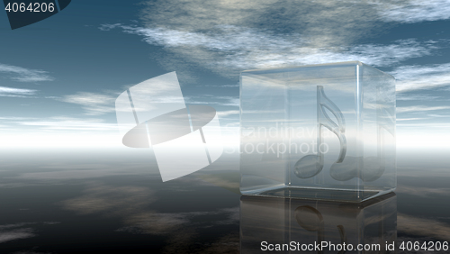 Image of music note in glass cube under cloudy sky - 3d rendering