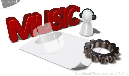 Image of music tag, gear wheel and pawn with headphones - 3d rendering