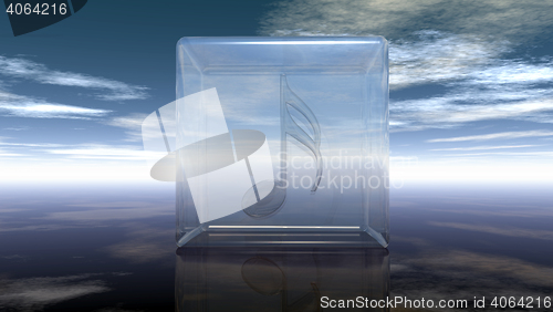 Image of clef in glass cube under cloudy sky - 3d rendering