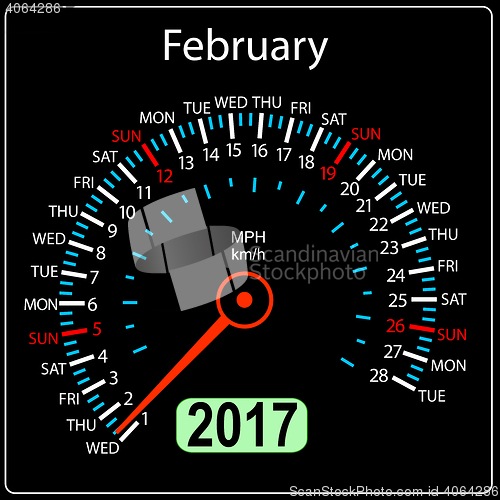 Image of year 2017 calendar speedometer car. February