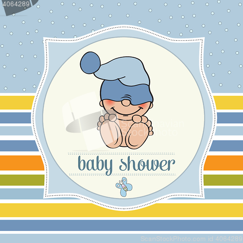 Image of baby boy shower card with funny little baby