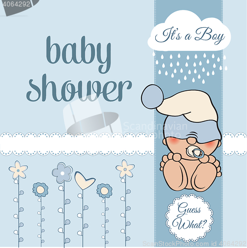 Image of baby boy shower card with funny little baby