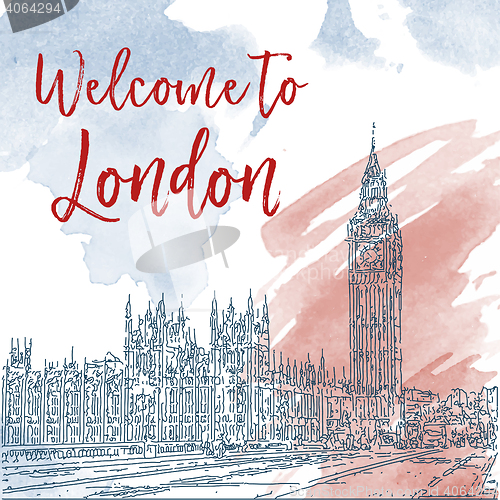 Image of Hand drawn ink line sketch of London. Watercolor background